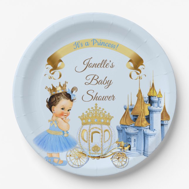 Royal Princess Castle Carriage Blue Gold Girl Paper Plate (Front)