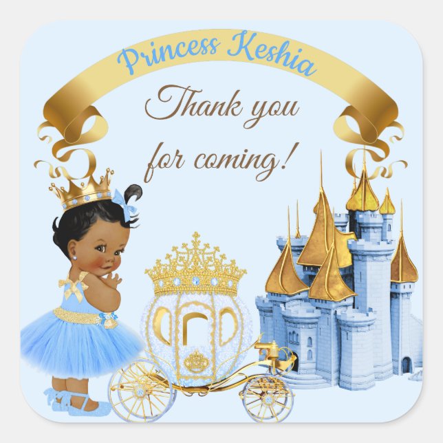 Royal Princess Castle Carriage Blue Gold Girl Square Sticker (Front)