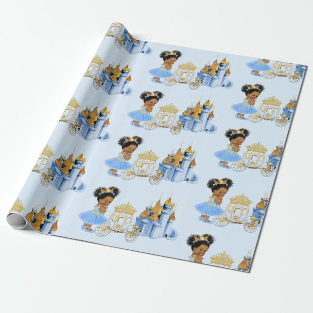 Royal Princess Castle Carriage Blue Gold Girl Wrapping Paper (Unrolled)