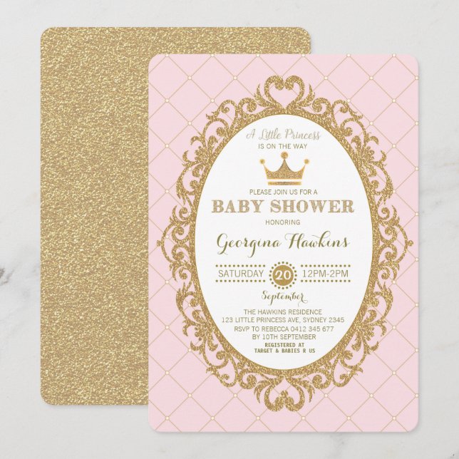 Royal Princess Crown Pink Gold Baby Shower Invite (Front/Back)