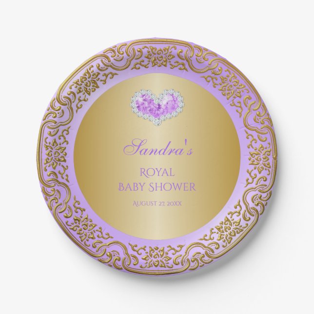 Royal Princess Lavender Gold Diamond Heart Gem Paper Plate (Front)