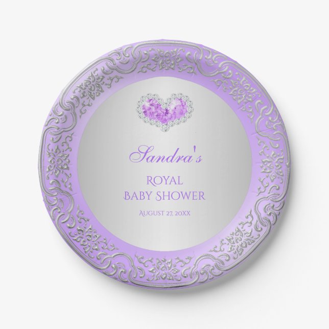 Royal Princess Lavender Silver Diamond Heart Gem Paper Plate (Front)