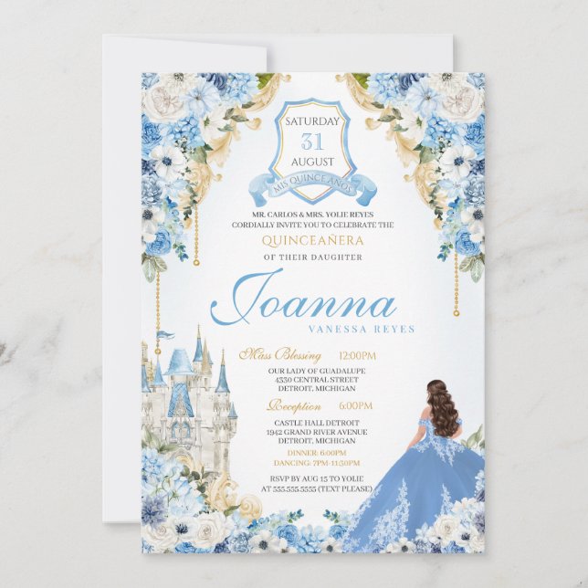 Royal Princess Light Blue Cinderella Quince V4 Invitation (Front)