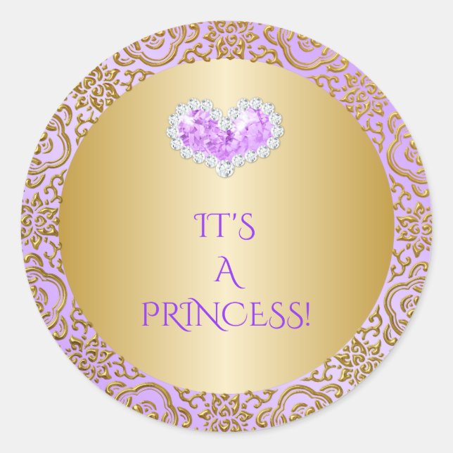 Royal Princess Lilac & Gold Diamond Heart Gem Classic Round Sticker (Front)
