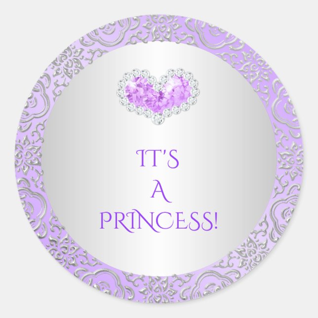 Royal Princess Lilac & Silver Diamond Heart Gem Classic Round Sticker (Front)