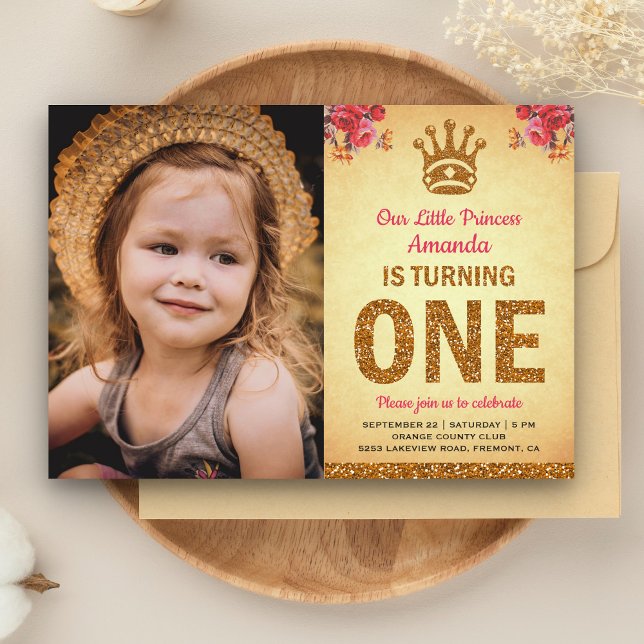 Royal Princess Photo Gold First Birthday Party Invitation (Creator Uploaded)