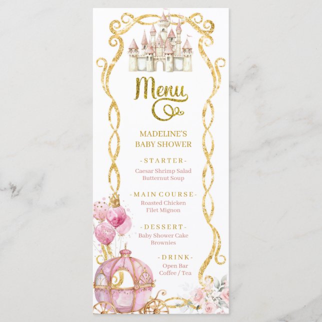 Royal Princess Pink Carriage Baby Shower Menu (Front)