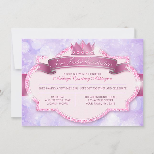 Royal Princess Pink Glitter and Purple Baby Shower Invitation (Front)