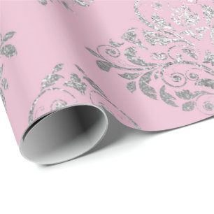 Royal Princess Pink Silver Damask Shiny Wrapping Paper