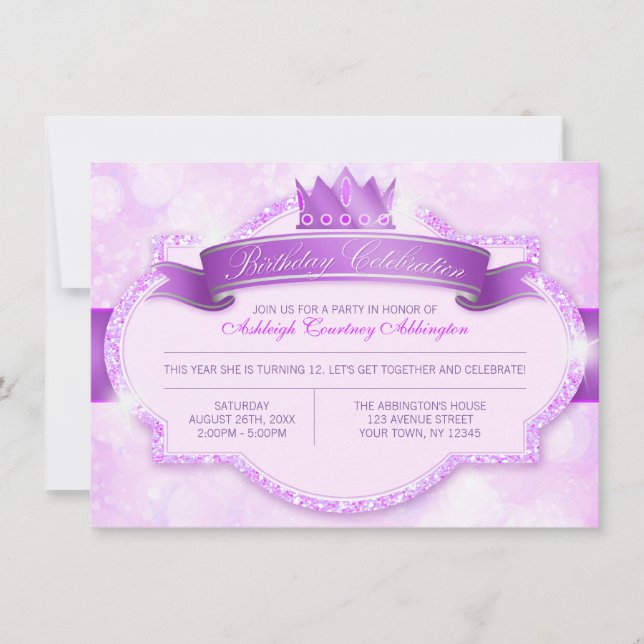 Royal Princess Purple Glitter Girls Birthday Party Invitation (Front)