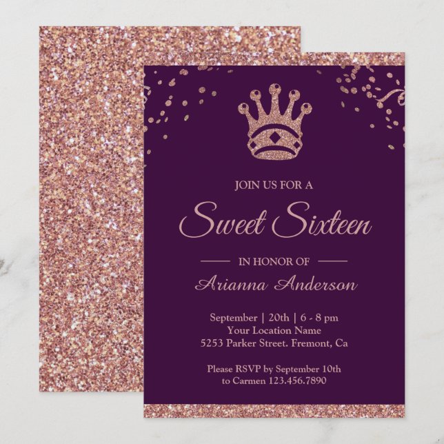 Royal Princess Rose Gold Glitter Sweet Sixteen Invitation (Front/Back)