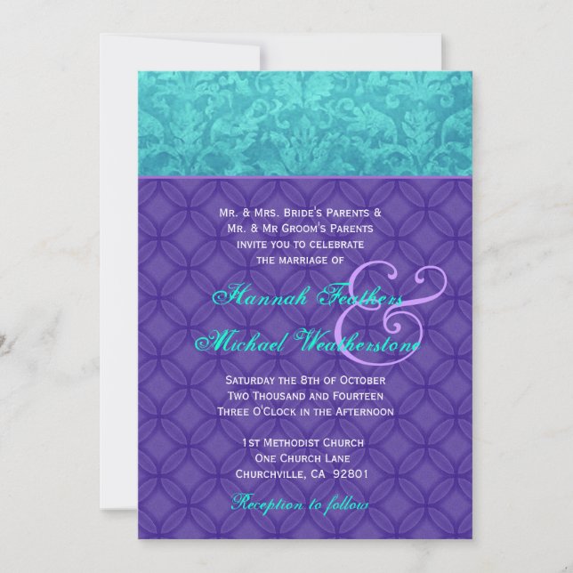 Royal Purple and Aqua Blue Damask Wedding G500 Invitation (Front)