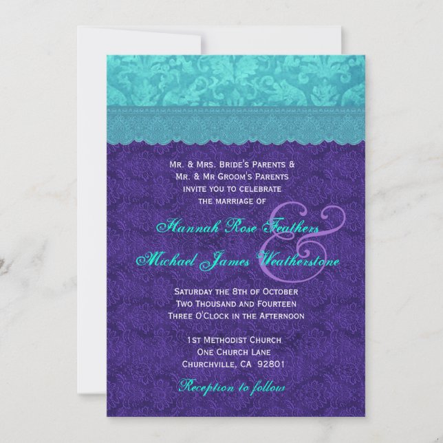 Royal Purple and Aqua Blue Damask Wedding G500A Invitation (Front)