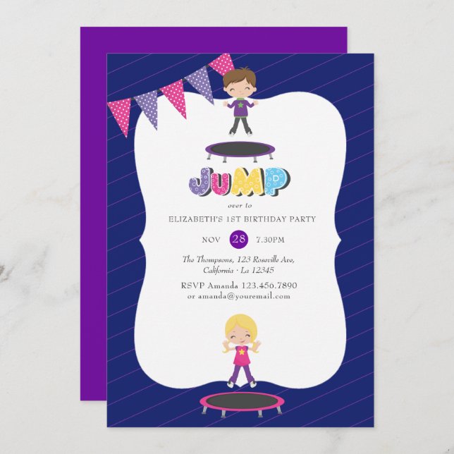 Royal Purple and Blue Trampoline Birthday Party Invitation (Front/Back)