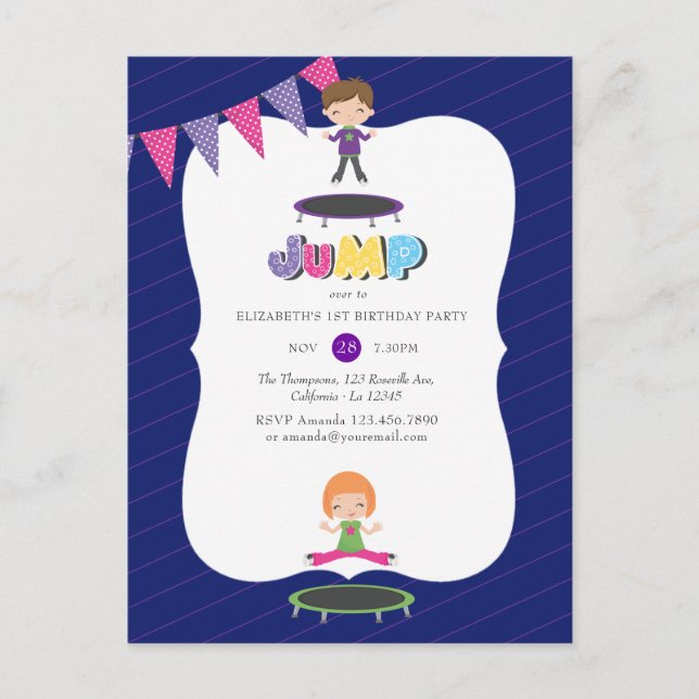 Royal Purple and Blue Trampoline Birthday Party Postcard (Front)