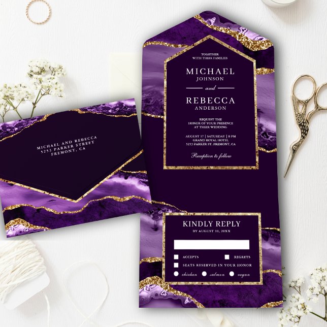 Royal Purple and Gold Agate Marble Wedding All In One Invitation (Creator Uploaded)