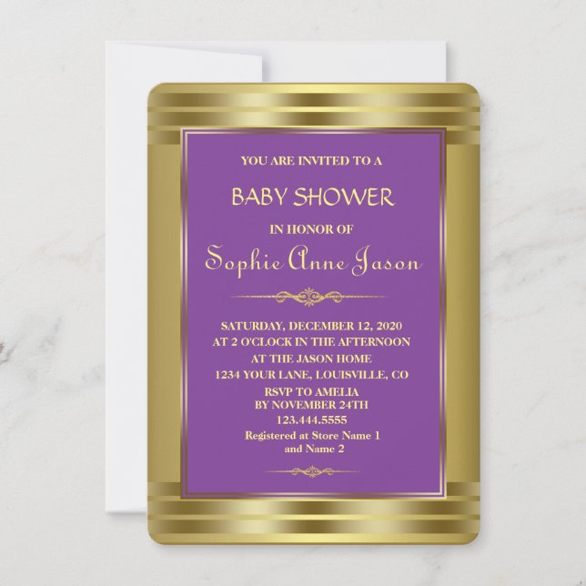 Royal Purple and Gold Baby Shower Invite (Front)