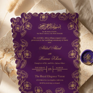 Royal Purple and Gold Floral Islamic Muslim Nikkah Invitation