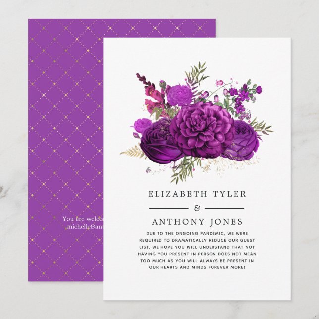 Royal Purple and Gold Floral Wedding Guest List Announcement (Front/Back)