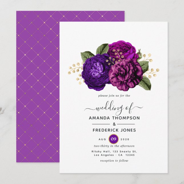 Royal Purple and Gold Floral Wedding Invitation (Front/Back)