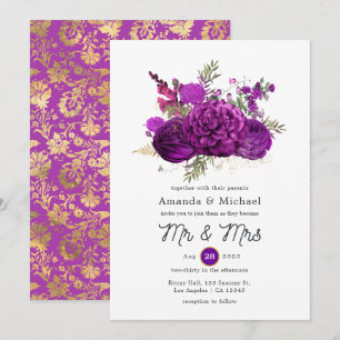Royal Purple and Gold Floral Wedding Invitation