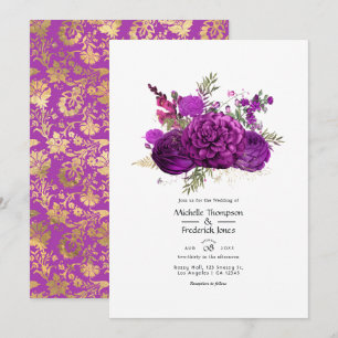 Royal Purple and Gold Floral Wedding Invitation
