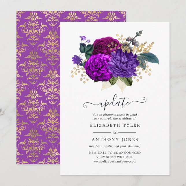 Royal Purple and Gold Floral Wedding Update Invitation (Front/Back)
