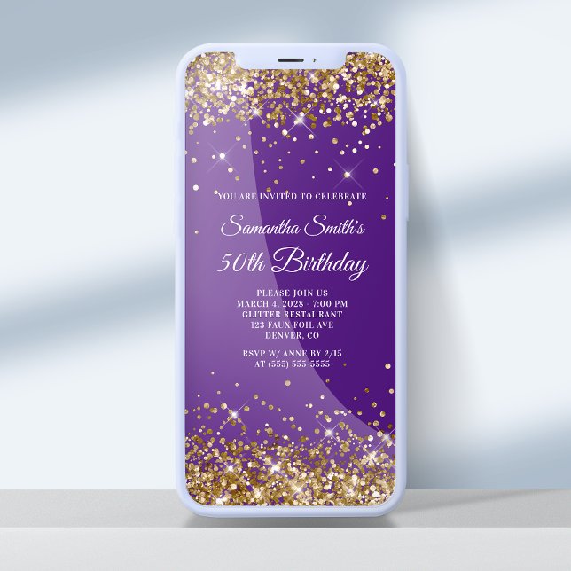 Royal Purple and Gold Glitter 50th Birthday Invitation (Creator Uploaded)