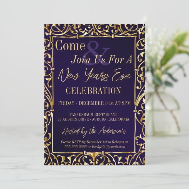 Royal Purple and Gold New Years Eve Invitation (Standing Front)