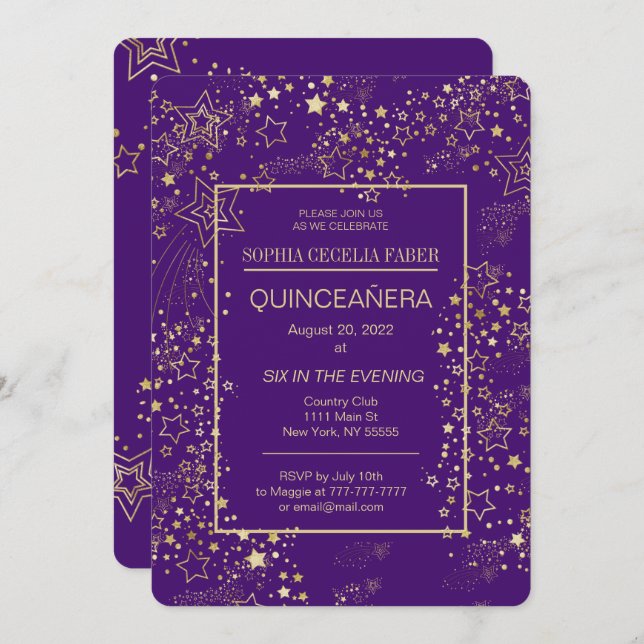 Royal Purple and Gold Quinceañera Party Invitation (Front/Back)