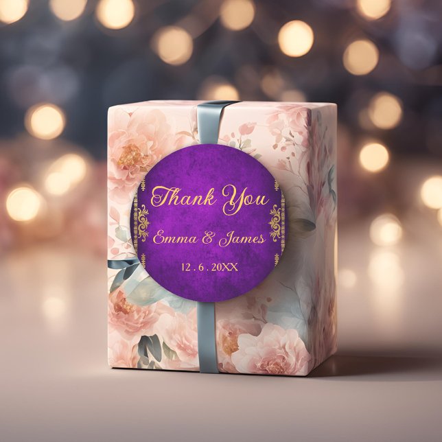 Royal Purple and Gold Thank You Wedding Favour  Classic Round Sticker (Creator Uploaded)
