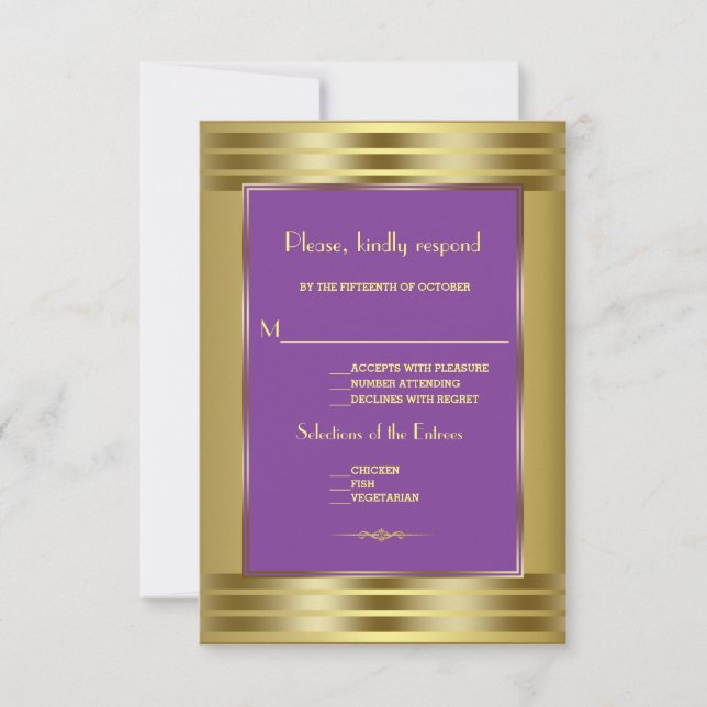 Royal Purple and Gold Wedding RSVP Card (Front)