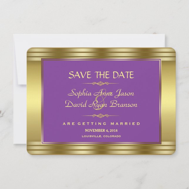Royal Purple and Gold Wedding Save the Date (Front)