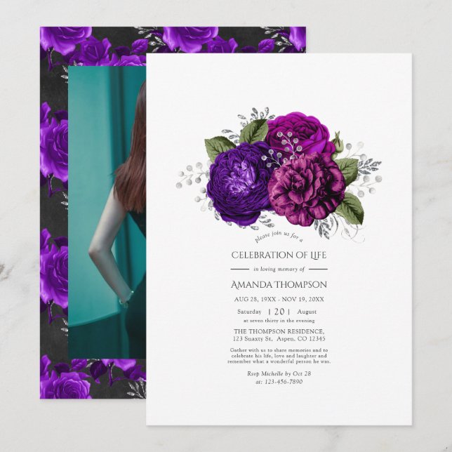 Royal Purple and Silver Floral Celebration of Life Invitation (Front/Back)