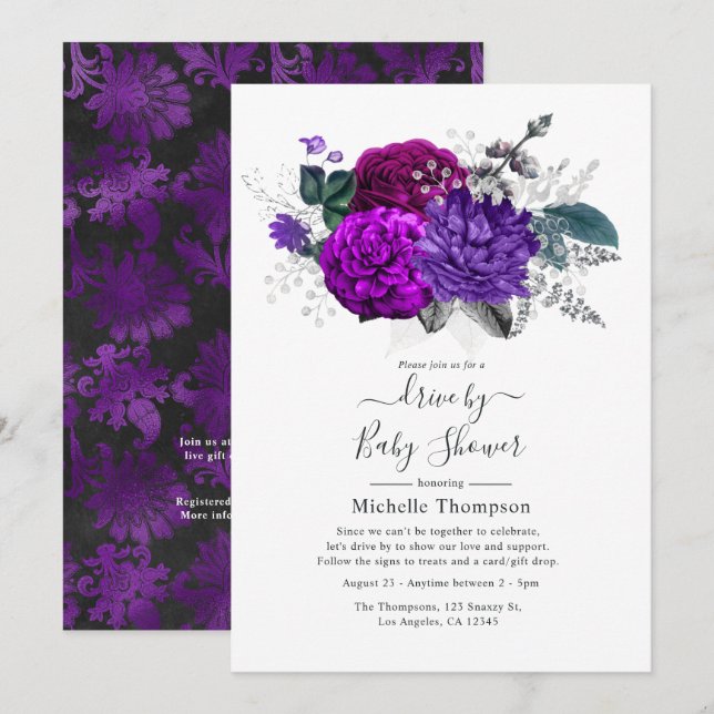 Royal Purple and Silver Floral Drive By Shower Invitation (Front/Back)