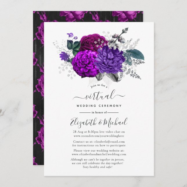 Royal Purple and Silver Floral Virtual Wedding Invitation (Front/Back)