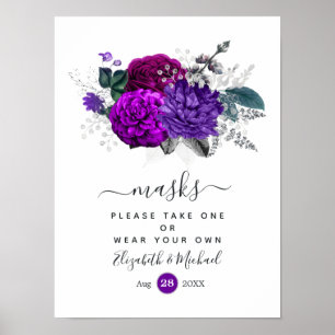 Royal Purple and Silver Floral Wedding Face Masks Poster