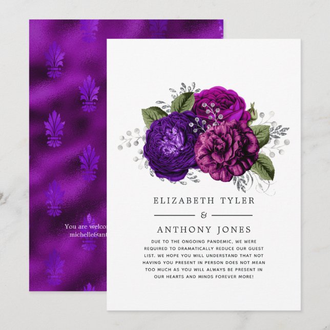 Royal Purple and Silver Floral Wedding Guest List Announcement (Front/Back)
