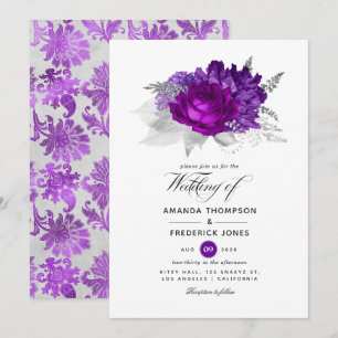 Royal Purple and Silver Floral Wedding Invitation