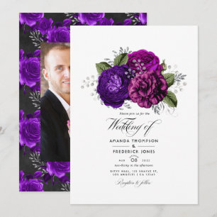 Royal Purple and Silver Floral Wedding Photo Invitation