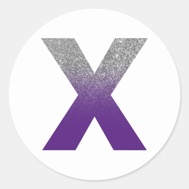 Royal Purple and Silver Ombre Glitter Monogram X Classic Round Sticker (Front)