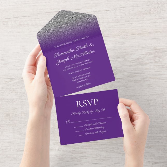 Royal Purple and Silver Ombre Glitter Wedding All In One Invitation (Tearaway)
