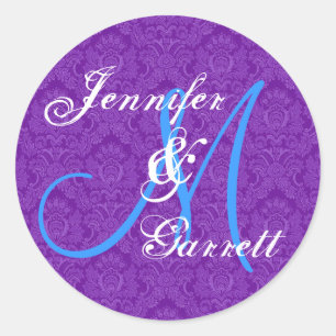 ROYAL PURPLE and TURQUOISE Wedding Monogram Classic Round Sticker