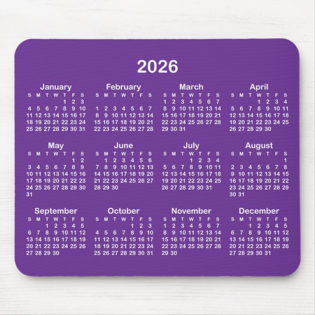 Royal Purple and White 2026 Calendar Mouse Mat (Front)