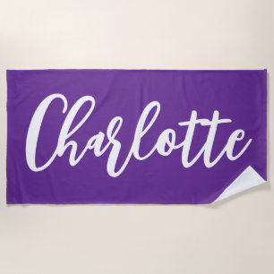 Royal Purple and White Lettering Script Beach Towel