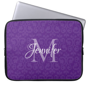 Royal Purple and White Monogram Damask Laptop Sleeve