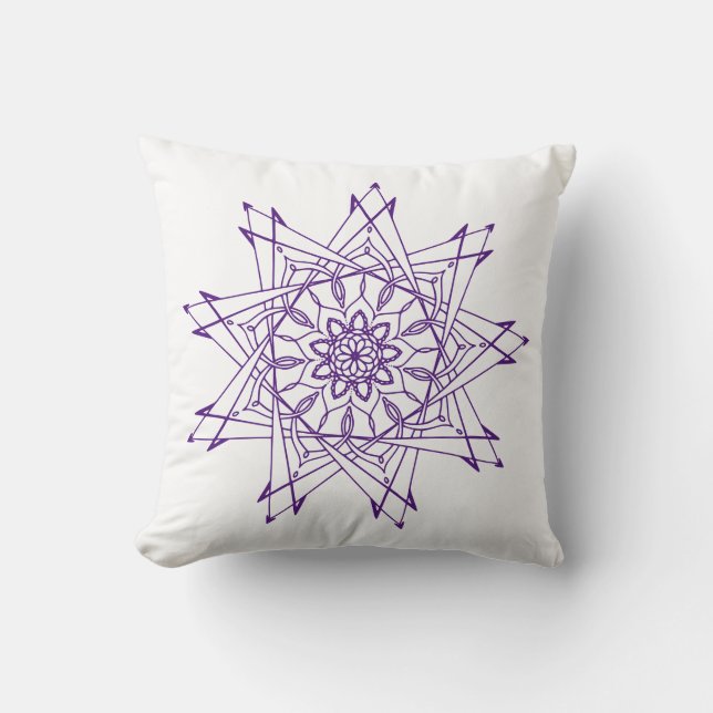 Royal Purple and White Sharp Mandala Throw Pillow (Front)