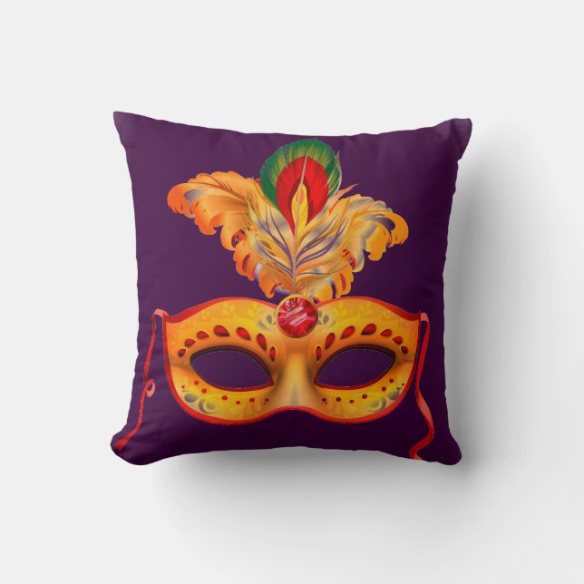 Royal Purple and yellow feather Masquerade mask Cushion (Front)