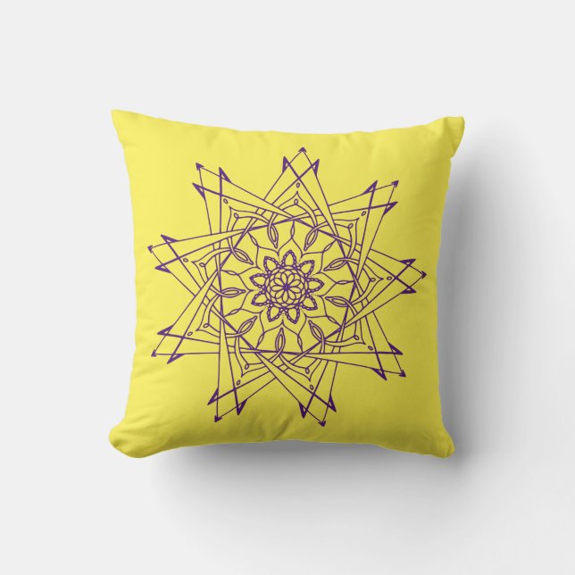 Royal Purple and Yellow Sharp Mandala Throw Pillow (Front)