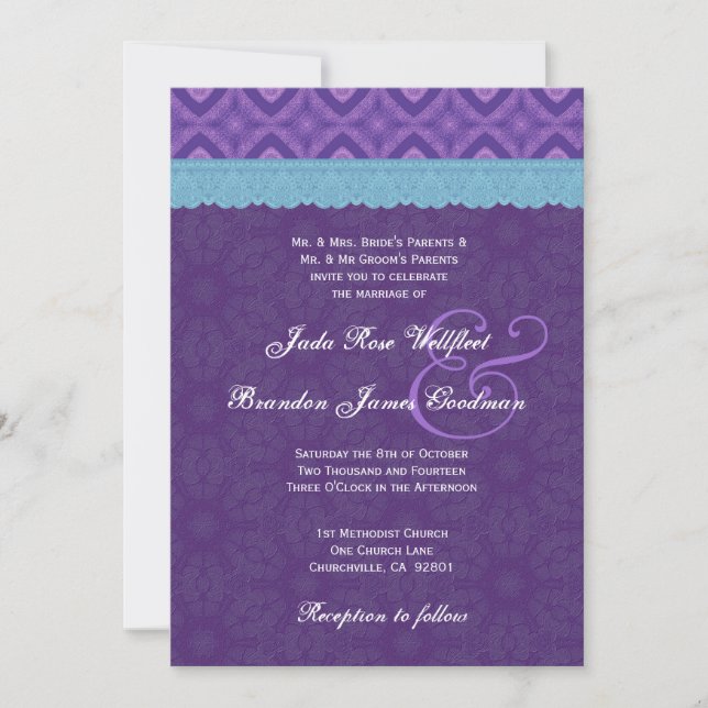 Royal Purple Aqua Blue Lace Wedding V18 Invitation (Front)